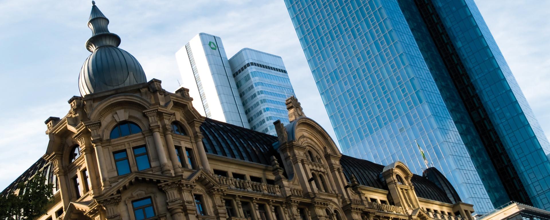 Cityscape of both old and new bank building