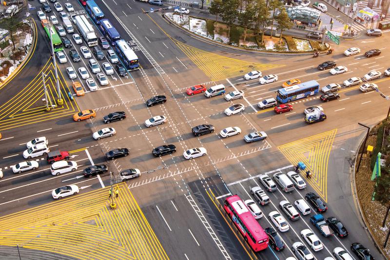 Busy traffic intersection in Gangnam Korea